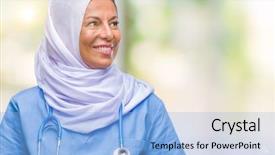  Presentation with nurse - Audience pleasing PPT layouts consisting of arab nurse woman wearing hijab backdrop and a light blue colored foreground