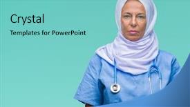  Presentation with nurse - Colorful presentation theme enhanced with arab nurse woman wearing hijab backdrop and a seafoam green colored foreground