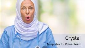  Presentation with nurse - Cool new slide deck with arab nurse woman wearing hijab backdrop and a light blue colored foreground