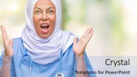  Presentation with nursing to nurse communication - Audience pleasing slides consisting of arab nurse woman wearing hijab backdrop and a  colored foreground
