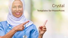  Presentation with nurse psikiatri - Slide set having arab nurse woman wearing hijab background and a  colored foreground