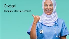  Presentation with nursing to nurse communication - Theme enhanced with arab nurse woman wearing hijab background and a  colored foreground