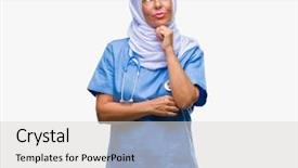  Presentation with nurse thinking - Cool new PPT layouts with arab nurse woman wearing hijab backdrop and a  colored foreground