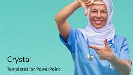  Presentation with nursing to nurse communication - Presentation design consisting of arab nurse woman wearing hijab background and a seafoam green colored foreground