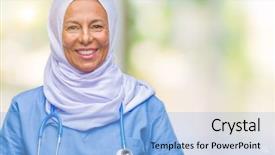  Presentation with nursing to nurse communication - PPT theme having arab nurse woman wearing hijab background and a  colored foreground