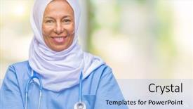  Presentation with nursing to nurse communication - Audience pleasing slides consisting of arab nurse woman wearing hijab backdrop and a  colored foreground