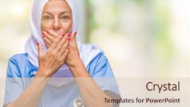  Presentation with nursing to nurse communication - Theme with arab nurse woman wearing hijab background and a  colored foreground