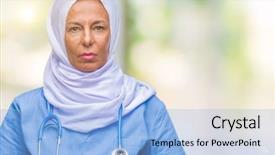  Presentation with nurse gawat darurat - PPT theme consisting of arab nurse woman wearing hijab background and a  colored foreground