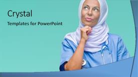  Presentation with nurse thinking - Presentation featuring arab nurse woman wearing hijab background and a  colored foreground