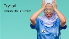  Presentation with stressed nurse - Amazing PPT theme having arab nurse woman wearing hijab backdrop and a seafoam green colored foreground