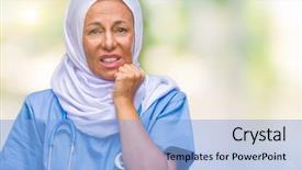  Presentation with stressed nurse - PPT layouts having arab nurse woman wearing hijab background and a light blue colored foreground