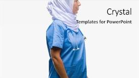  Presentation with nursing to nurse communication - Presentation theme consisting of arab nurse woman wearing hijab background and a  colored foreground