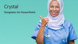  Presentation with nursing to nurse communication - Theme having arab nurse woman wearing hijab background and a seafoam green colored foreground