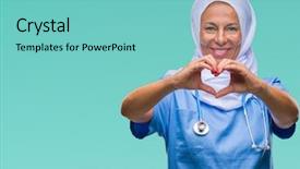  Presentation with nursing to nurse communication - PPT layouts with arab nurse woman wearing hijab background and a  colored foreground