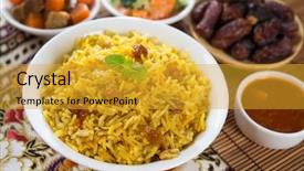  Presentation with middle east - PPT theme featuring halal - arab rice ramadan food background and a gold colored foreground