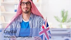  Presentation with language english - Presentation theme featuring arab student studying english language background and a teal colored foreground