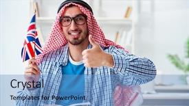  Presentation with language english - Cool new slide set with arab student studying english language backdrop and a teal colored foreground