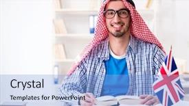  Presentation with language english - Colorful theme enhanced with arab student studying english language backdrop and a light blue colored foreground