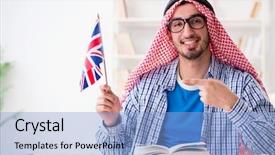  Presentation with language english - Colorful PPT layouts enhanced with arab student studying english language backdrop and a light blue colored foreground