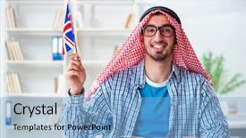  Presentation with language english - Slide set with arab student studying english language background and a light blue colored foreground