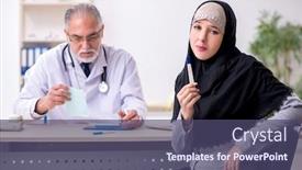  Presentation with arab - Beautiful theme featuring arab-woman-visiting-experienced-doctor backdrop and a violet colored foreground