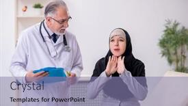  Presentation with arab - Beautiful theme featuring arab-woman-visiting-experienced-doctor backdrop and a coral colored foreground