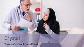  Presentation with arab - Beautiful PPT theme featuring arab-woman-visiting-experienced-doctor backdrop and a coral colored foreground