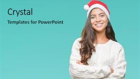  Presentation with young woman wearing boxer gloves - PPT theme enhanced with happy face smiling with cross background and a seafoam green colored foreground