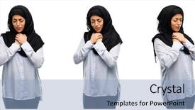 Presentation with woman crying - Beautiful PPT theme featuring arab woman wearing hijab crying backdrop and a light blue colored foreground