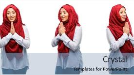  Presentation with arabian woman wearing hijab muslim - Audience pleasing slide set consisting of arab woman wearing hijab backdrop and a teal colored foreground