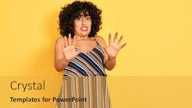  Presentation with colorful hands - Slide set having arab woman with curly hair wearing striped colorful dress over isolated yellow background afraid and terrified with fear expression stop gesture with hands shouting in shock panic concept background and a yellow colored foreground