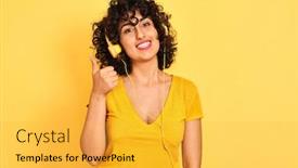  Presentation with arab music - Cool new PPT theme with arab woman with curly hair listening to music using headphones over isolated yellow background doing happy thumbs up gesture with hand approving expression looking at the camera with showing success backdrop and a yellow colored foreground