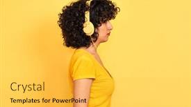  Presentation with arab music - PPT theme featuring arab woman with curly hair listening to music using headphones over isolated yellow background looking to side relax profile pose with natural face with confident smile background and a yellow colored foreground
