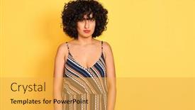  Presentation with hair dress - Slide set consisting of arab woman with curly hair wearing striped colorful dress over isolated yellow background skeptic and nervous frowning upset because of problem negative person background and a yellow colored foreground