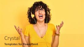  Presentation with arab music - Amazing presentation design having arab woman with curly hair listening to music using headphones over isolated yellow background crazy and mad shouting and yelling with aggressive expression and arms raised frustration concept backdrop and a gold colored foreground