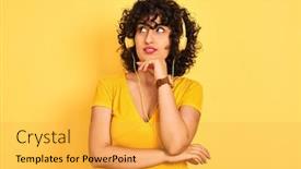  Presentation with arab music - Cool new presentation design with arab woman with curly hair listening to music using headphones over isolated yellow background with hand on chin thinking about question pensive expression smiling with thoughtful face doubt backdrop and a yellow colored foreground