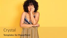  Presentation with colorful hands - Colorful presentation theme enhanced with arab woman with curly hair wearing striped colorful dress over isolated yellow background looking stressed and nervous with hands on mouth biting nails anxiety problem backdrop and a yellow colored foreground
