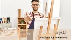  Presentation with hand palm - Slides with arab-young-man-at-art background and a  colored foreground