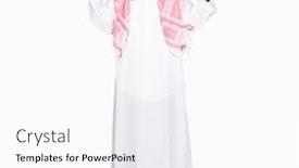  Presentation with comparison - Audience pleasing presentation design consisting of arabian business man with long hair wearing traditional keffiyeh scarf smiling showing both hands open palms presenting and advertising comparison and balance backdrop and a white colored foreground
