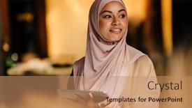  Presentation with hijab modern - Slide deck featuring arabian-cheerful-woman-wearing-hijab background and a coral colored foreground