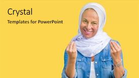  Presentation with middle eastern traditional dishes falafel - Beautiful theme featuring arabian hijab over isolated background backdrop and a yellow colored foreground