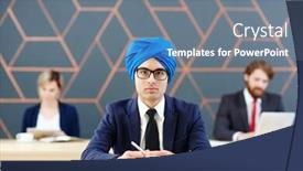  Presentation with turban - Colorful PPT layouts enhanced with arabian man in suit and turban looking at camera at workplace backdrop and a seafoam green colored foreground
