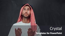  Presentation with black man fashion - Slide set having arabian-man-in-traditional-clothes background and a dark gray colored foreground