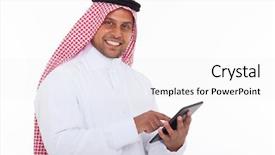  Presentation with man relaxing on massage table - Presentation design enhanced with arabian man using tablet computer background and a white colored foreground