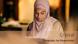  Presentation with hijab modern - PPT layouts having arabian-woman-wearing-hijab-working background and a coral colored foreground