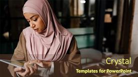  Presentation with hijab modern - Slide set featuring arabian-woman-wearing-hijab-working background and a tawny brown colored foreground