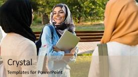  Presentation with independant women - Theme featuring arabian women students holding books background and a soft green colored foreground
