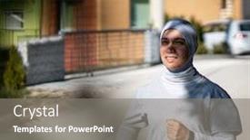  Presentation with arabic woman - Presentation design enhanced with arabic-adult-woman-running background and a gray colored foreground