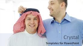  Presentation with arabic - Slide deck with arabic-and-caucasian-european-men background and a light blue colored foreground