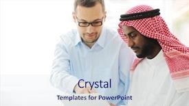  Presentation with black men - Audience pleasing PPT theme consisting of arabic black and caucasian men backdrop and a sky blue colored foreground